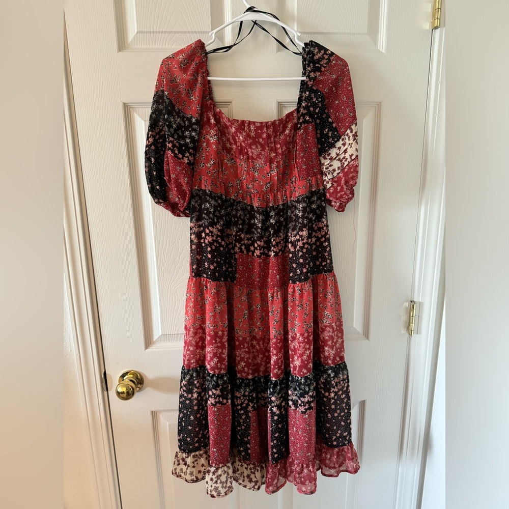 Patchwork smocked tiered midi dress